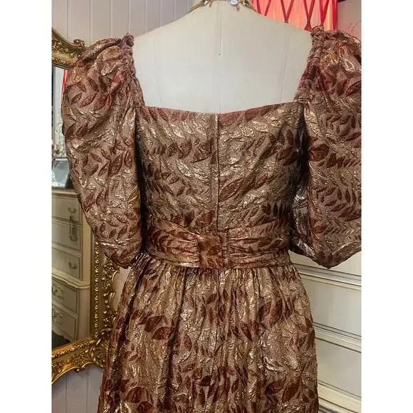 1970s rust and gold brocade formal gown puff sleeves jay jacks metallic ombre sm - Picture 7 of 10